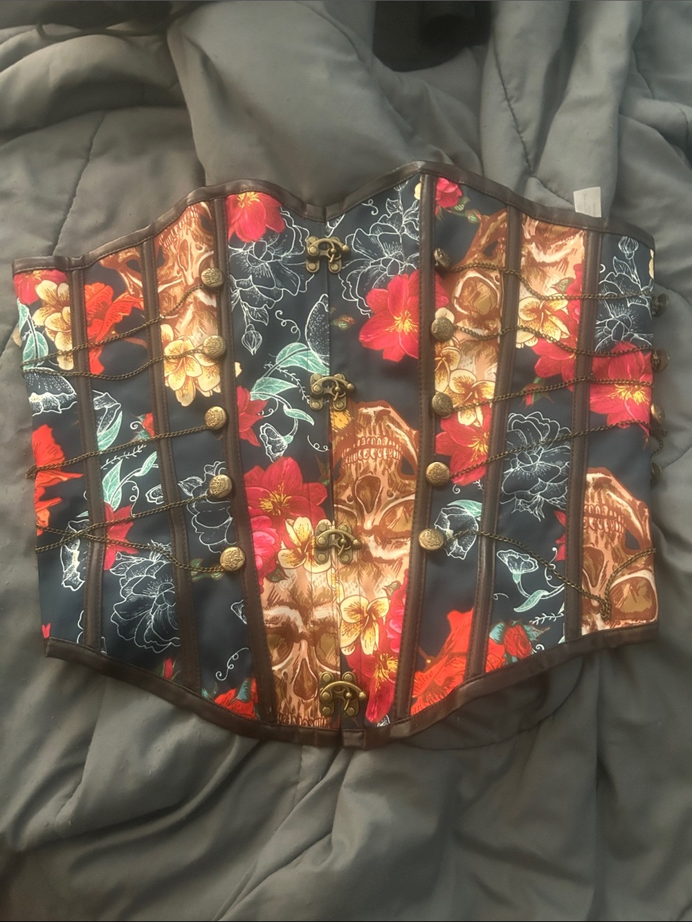 Floral & Skull Corset with Brass Hardware